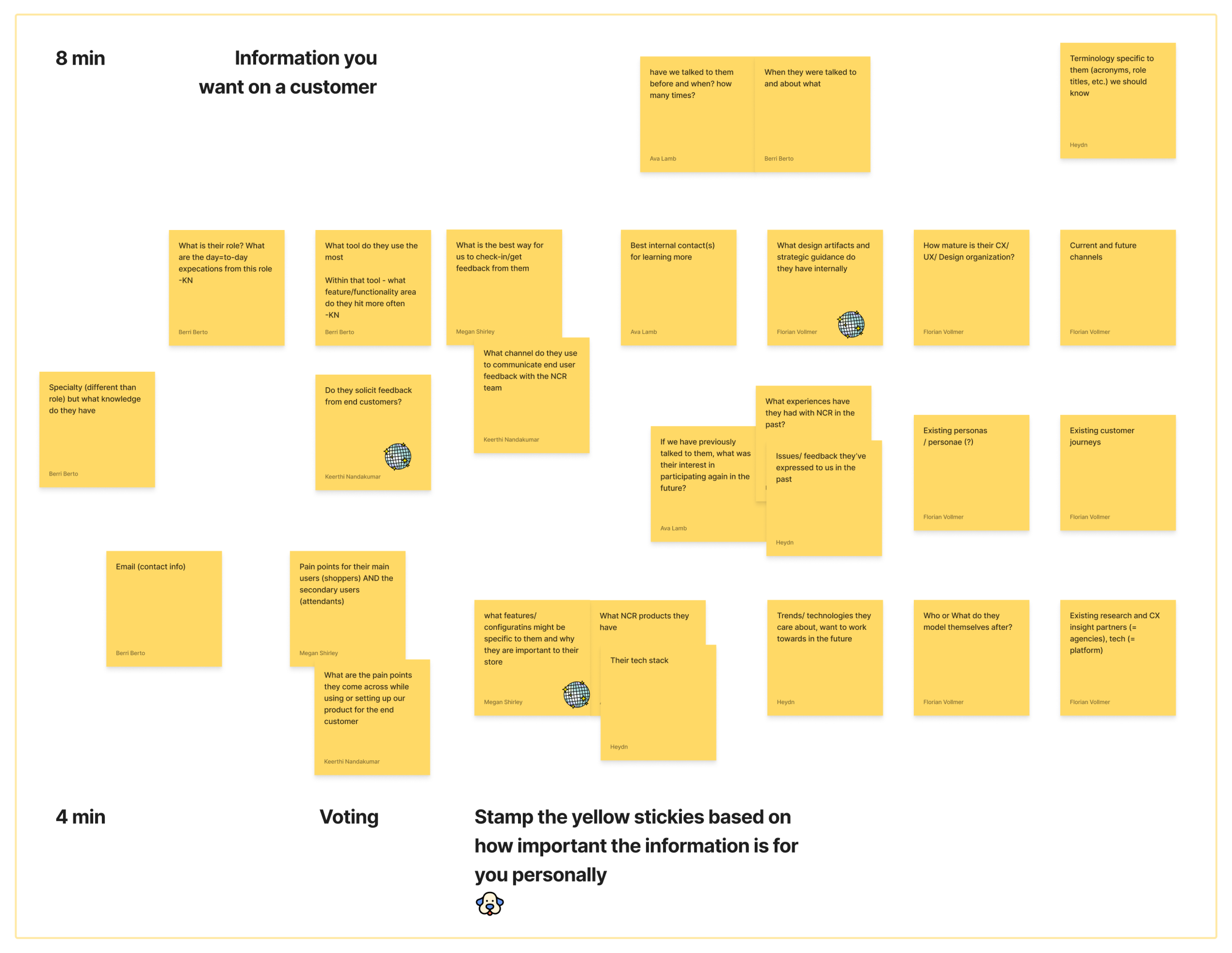 Figjam board of yellow post-its about needed customer information